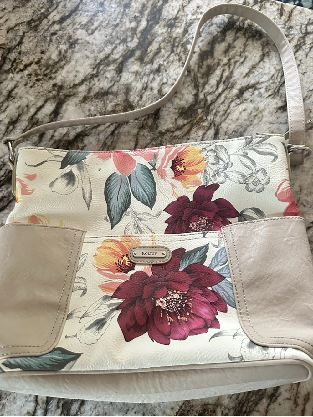 Koltov Floral Shoulder Bag Beige Tan Multi-Pocket Purse Faux Leather
